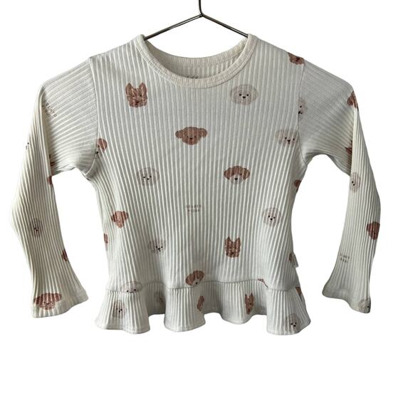 Gelato Pique White Dog Printed Long Sleeve Ruffle Hem Knit Top Ribbed Kids S - Picture 1 of 5